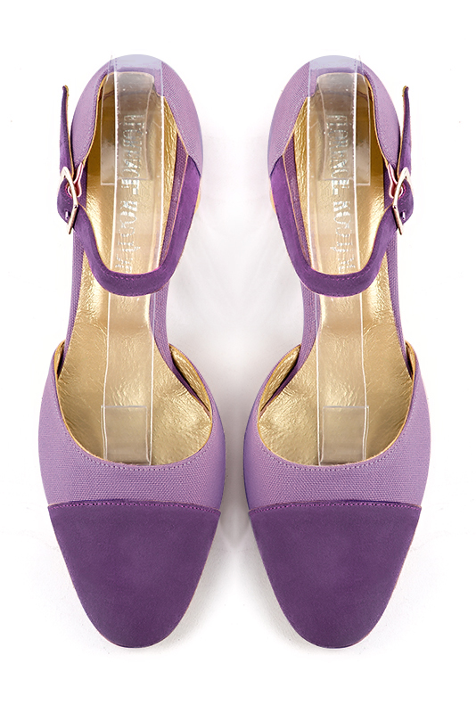 Amethyst purple women's open side shoes, with an instep strap. Round toe. Medium block heels. Top view - Florence KOOIJMAN